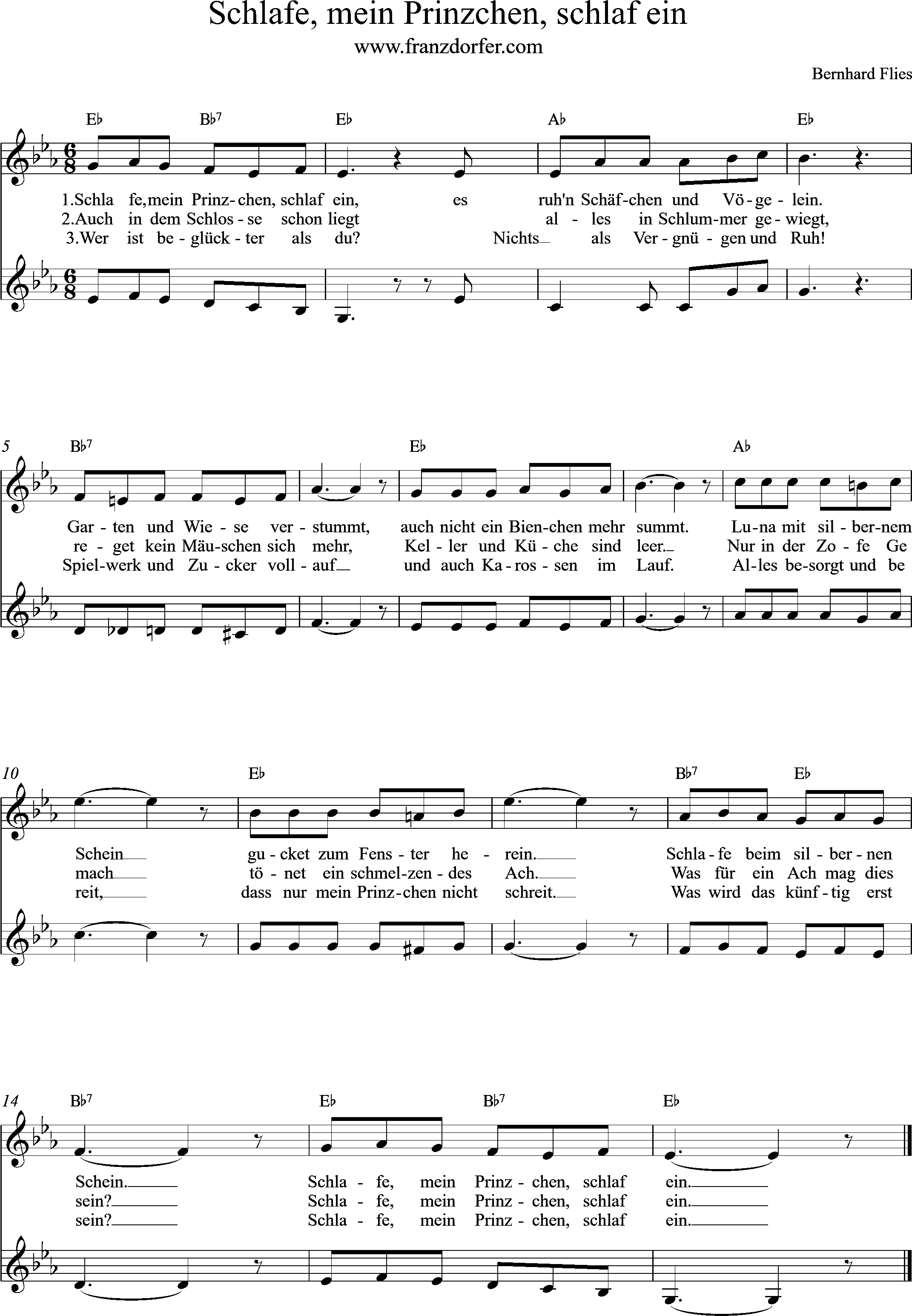 Noten . Eb-Dur, 2stimmig, Schlafe mein Prinzchen